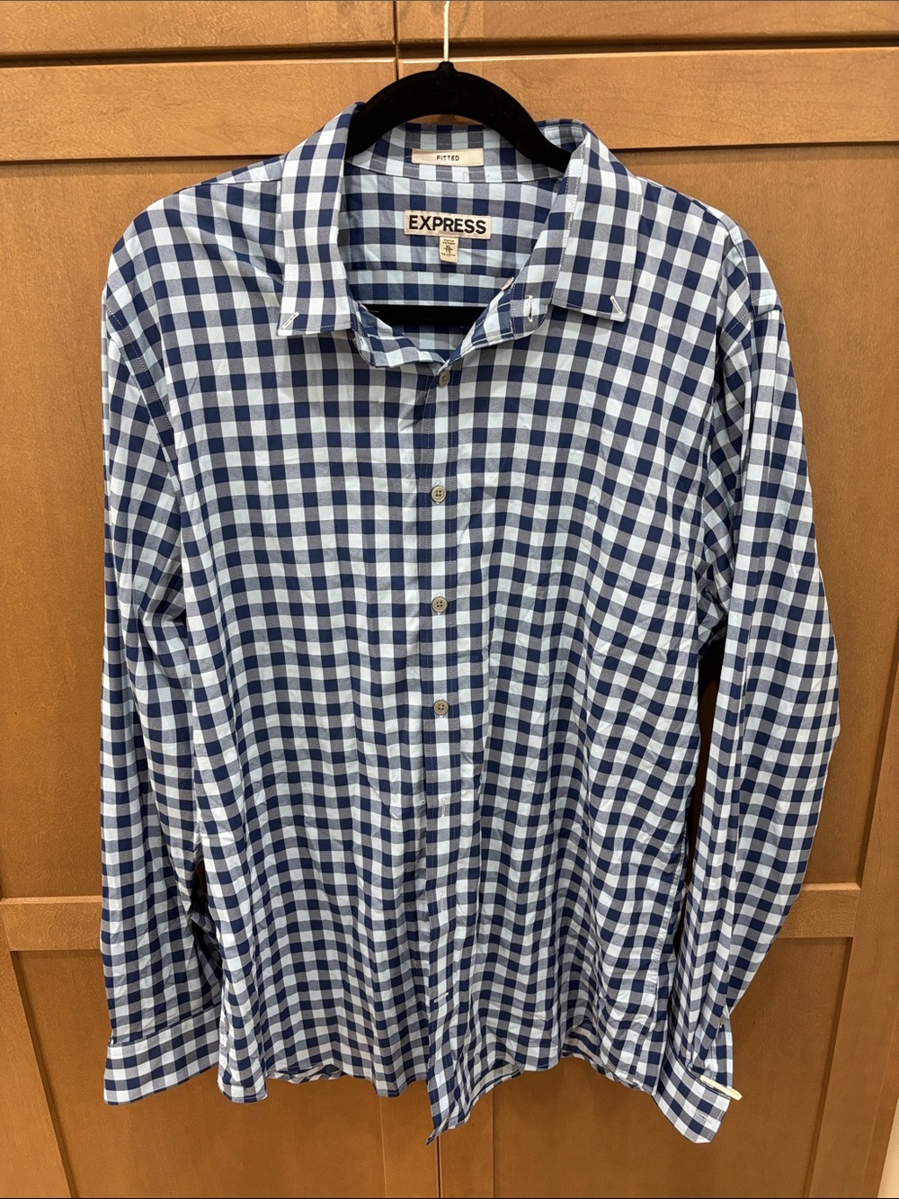 Express Men’s Blue and White Gingham Button-Up Shirt